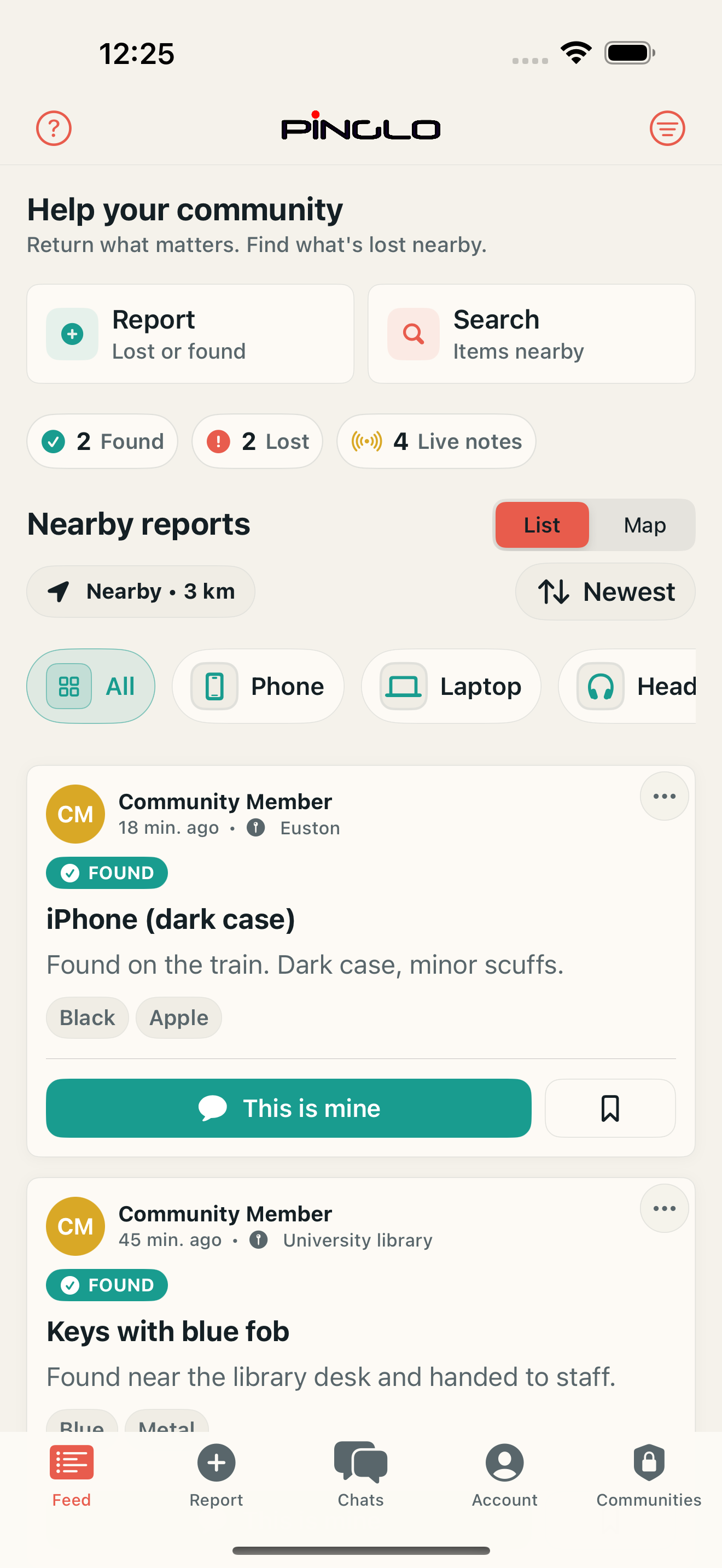 Pinglo app feed screenshot showing nearby lost and found reports