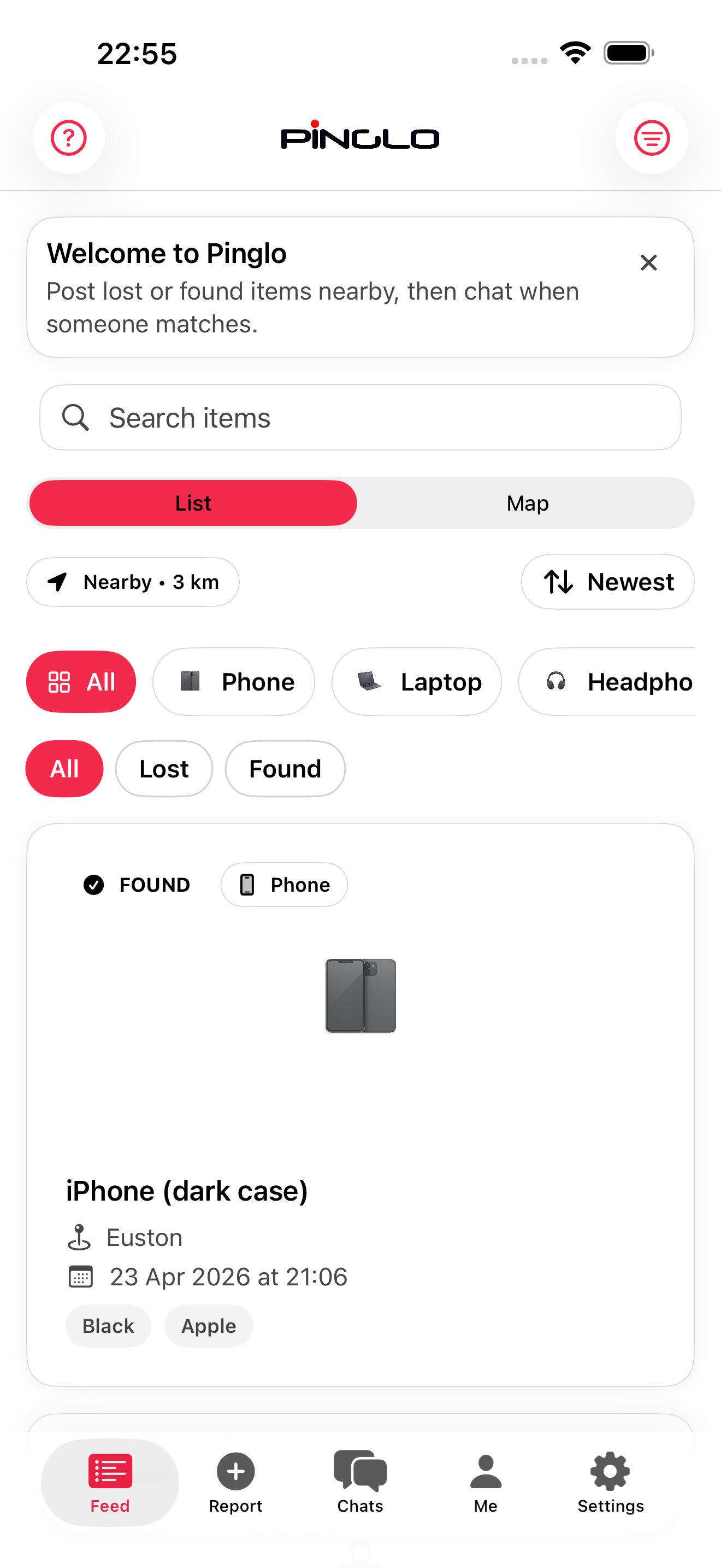 Pinglo app feed screenshot showing nearby lost and found reports